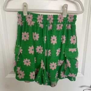 Green Floral Terry Cloth Shorts